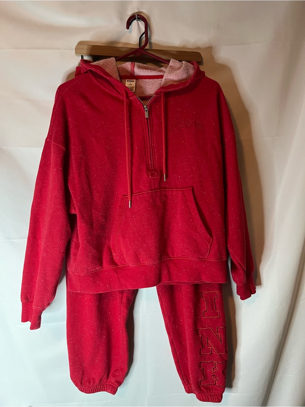 PINK Victoria's Secret Red Sparkle Hooded Half-Zip & Jogger Set
